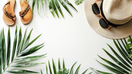 Summer flat lay background, vacation and travel concept. - obrazy, fototapety, plakaty