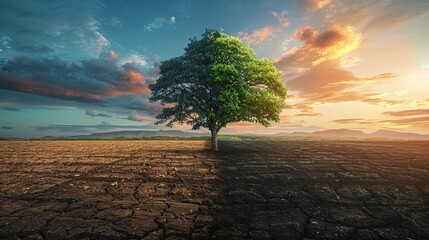 Climate change, A drying tree with air pollution and green grass with beautiful sunlight sky metaphor world nature disaster and global warming concept. - obrazy, fototapety, plakaty