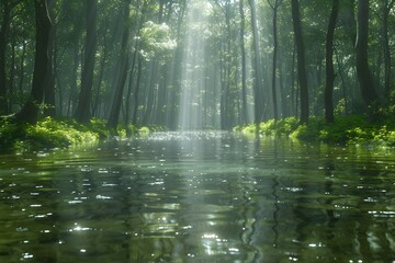 Fototapeta na wymiar Sun Shines Through Trees Over Water