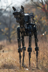 A robot dog is standing in a field of tall grass