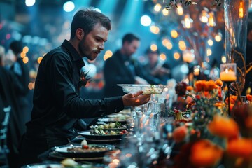 A man in a black shirt is serving food at a buffet table - obrazy, fototapety, plakaty