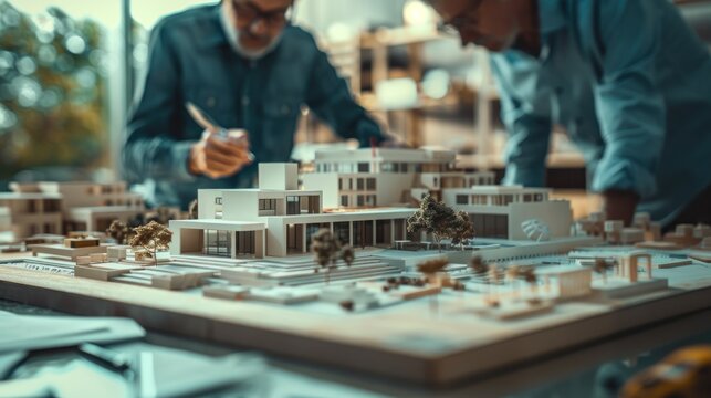 Two men are working on a model of a building
