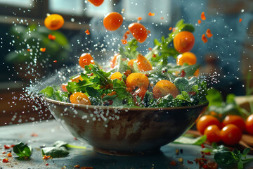 A bowl of salad with a lot of tomatoes and greens