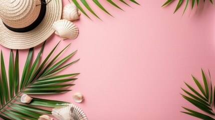 Summer vacation and travel concept. Palm leaves, sea shells and hat on pink background.