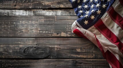 US flag over a wooden surface,