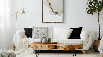 Modern living room with a bohemian interior style. Near a white sofa with black and grey pillows and a poster frame hanging on a white wall is a live edge coffee table.