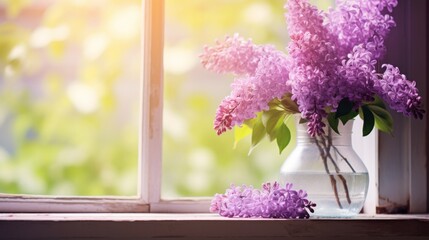 a Vase with spring flowers lilac on a wooden window.