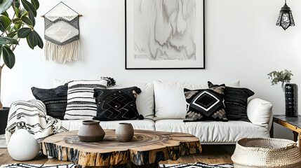 Modern living room with a bohemian interior style. Near a white sofa with black and grey pillows...