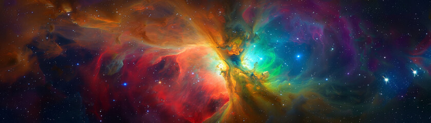 A colorful space scene with a red, yellow, and blue cloud