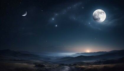 Fototapeta na wymiar Beautiful night sky with moon and stars over dark landscape