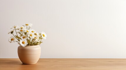 Fototapeta na wymiar a Wooden table with beige clay vase with bouquet of chamomile flowers near empty, blank white wall