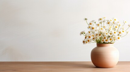 Fototapeta na wymiar a Wooden table with beige clay vase with bouquet of chamomile flowers near empty, blank white wall