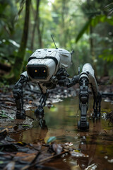 A robot is standing in a forest with water surrounding it