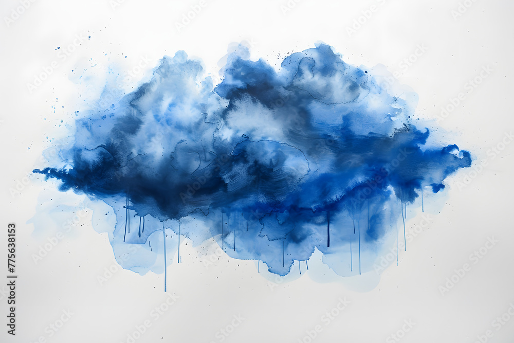 Poster a watercolor painting of a blue cloud on a white background with a black spot on the bottom of the image and a black spot on the top of the bottom of the image.