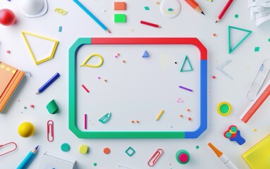 A whiteboard with a colorful frame of shapes in the middle of the design with a scattering of square and triangle color shapes and a completely white background