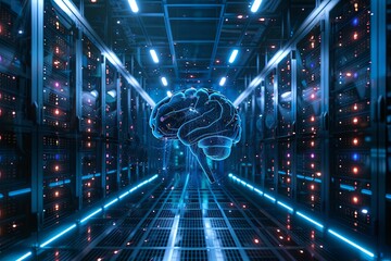 brain in center of data center room , AI server