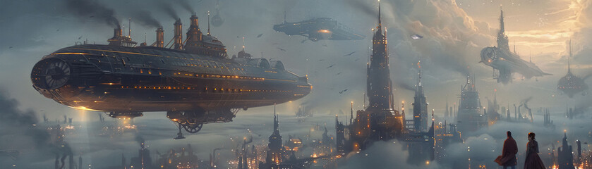 A painting of a futuristic city with a large spaceship flying over it