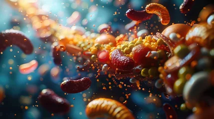 Fotobehang The digestive process of fatty foods, animated in 3D, highlighting slow digestion and GERD risks © komgritch