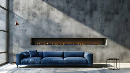 Modern living room with minimalist interior design. Blue sofa with copy space next to fireplace against concrete wall.