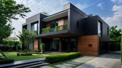 Modern, luxurious, minimalist cubic home; villa featuring black panel walls, front yard landscaping and wooden cladding. External architecture of residential buildings - obrazy, fototapety, plakaty