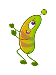 Cute monster is running. A green alien that looks like plankton or a microbe. Neon colors, Y2k, gradient, 2000s Cartoon illustration. Space flights, the future. Halloween stickers, design elements.