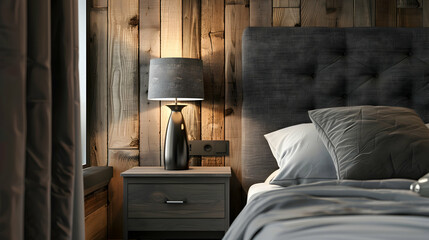 Near the bed, there is a grey cloth headboard set against a wall with wood panelling, a bedside drawer, and a lamp. Modern bedroom interior design in a farmhouse style.