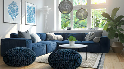 Near the dark blue corner sofa are two knitted pouffes. Modern living room interior design in a Scandinavian home. - obrazy, fototapety, plakaty