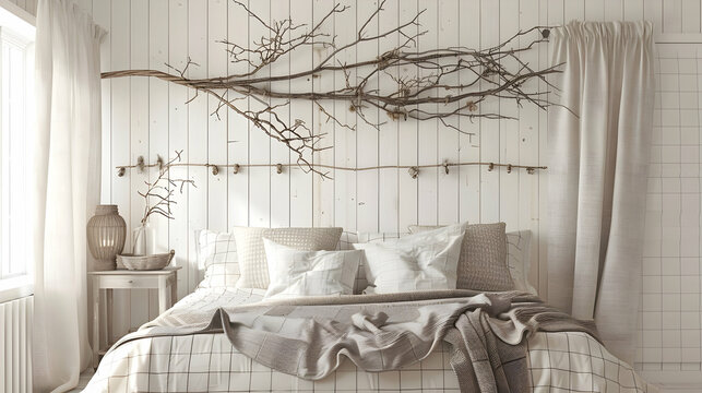 Overbed wall d?(C)cor made of rustic wooden branches adorned with beige plaid and white pillos. Modern bedroom interior design in a farmhouse or rural setting
