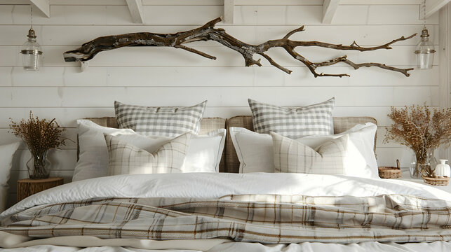 Overbed wall d?(C)cor made of rustic wooden branches adorned with beige plaid and white pillos. Modern bedroom interior design in a farmhouse or rural setting