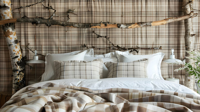 Overbed wall d?(C)cor made of rustic wooden branches adorned with beige plaid and white pillos. Modern bedroom interior design in a farmhouse or rural setting