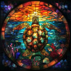Vibrant Stained Glass Turtle. Colorful Stained Glass Sea Turtle