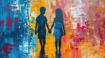 Silhouettes of a boy and girl holding hands, with abstract colorful background.