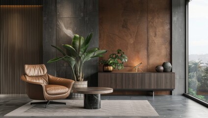 A modern living room interior with a wooden floor and concrete wall background
