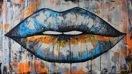 Vibrant abstract painting of blue and gold dripping lips.