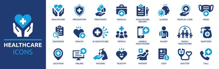 Obraz premium Healthcare icon set. Containing treatment, prevention, medical, health, diagnosis, report, illness, injury and more. Solid vector icons collection. 