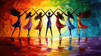 Abstract painting of stylized dancing figures against a rainbow backdrop. - obrazy, fototapety, plakaty