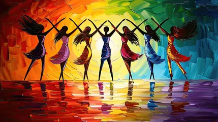 Fotobehang Abstract painting of stylized dancing figures against a rainbow backdrop. © AdriFerrer