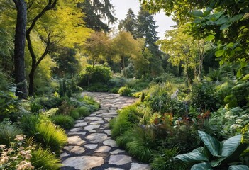 Garden-jungle-style behind the house with a mix of plant species and natural walkways, generative ai art