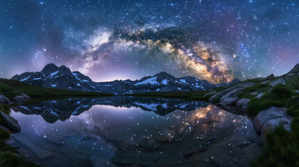 A beautiful night sky with a large lake in the foreground