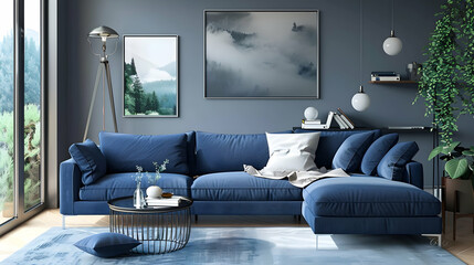 Scandinavian interior design using a blue sofa in a modern living room.