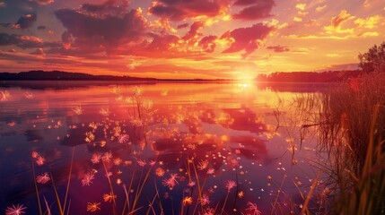 Stunning sunset sky reflecting on a calm lake surrounded by wildflowers and reeds in a serene setting. - obrazy, fototapety, plakaty