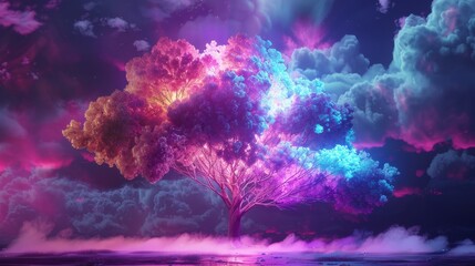 3D render of a colorful cloud with glowing neon, shaped like a tree