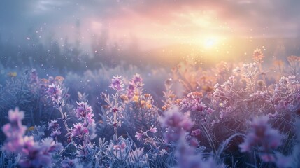 Fototapeta na wymiar First light warms a frost-kissed field of wildflowers, creating a dreamlike atmosphere with a soft glow.