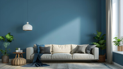 Scandinavian modern living room interior design using a blue wall in the house.