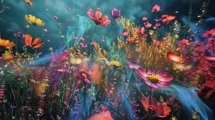 Obraz na płótnie Canvas An ethereal digital artwork showcasing vibrant flowers blooming as if underwater, creating a dreamlike aquatic garden scene.