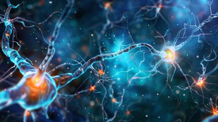 Synaptic Sparks in Neuronal Network. A microscopic journey into the human brain, depicting the vibrant activity across neuron connections, showcasing synaptic sparks in a neural network. - obrazy, fototapety, plakaty