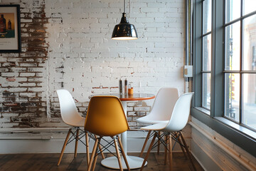 Room interior with modern chairs and table near white brick wall