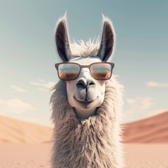 Fototapeta premium Cool Llama in Sunglasses Embracing the Desert Sun. A llama exudes coolness with stylish sunglasses against a desert backdrop, personifying chill vibes and the carefree essence of summer.