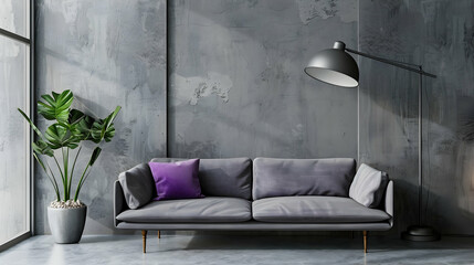 The concrete wall is paired with a grey sofa and violet pillow, and floor lamp. A modern living...