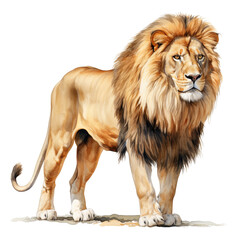 Obraz premium Side view of a standing male lion watercolor clipart illustration isolated on transparent background